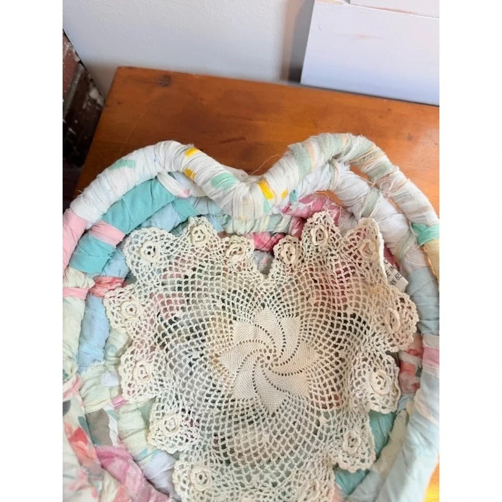 VTG 1980s pastel heart shaped Rag Coiled Basket Peking Handicrafts Whimsy Decor